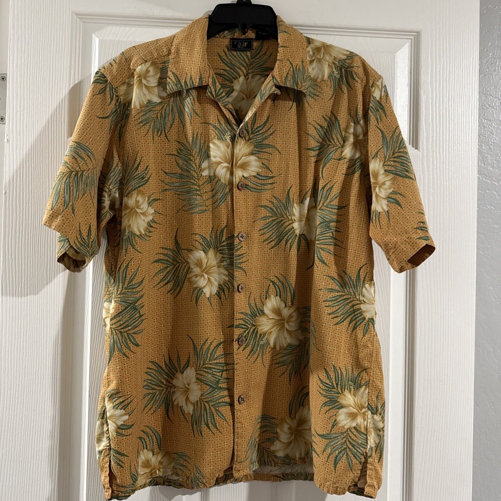 WtF Mens Silk Hawaiian Shirt Yellow Hibiscus Tropical Button Up Vintage Size M